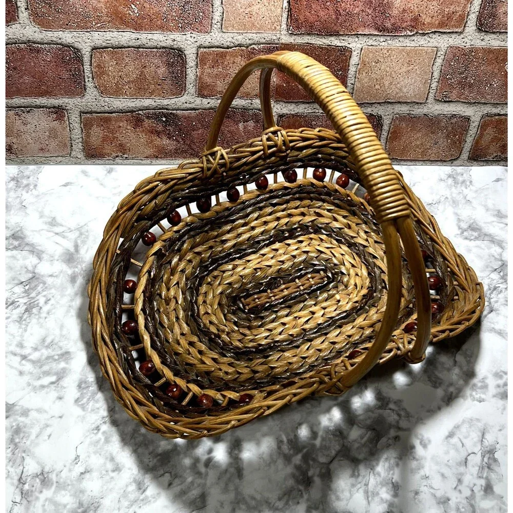 Vintage Gathering Basket With Wooden Beads | Wicker Magazine RacK | Towel Basket